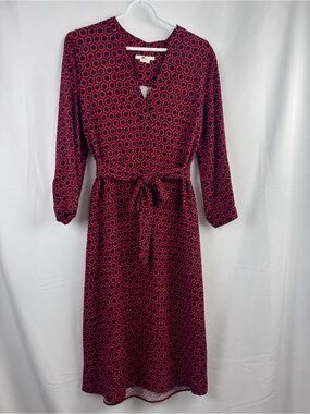Boden Belted Shift Dress Red Navy Geometric Print V Neck Midi Size 8L